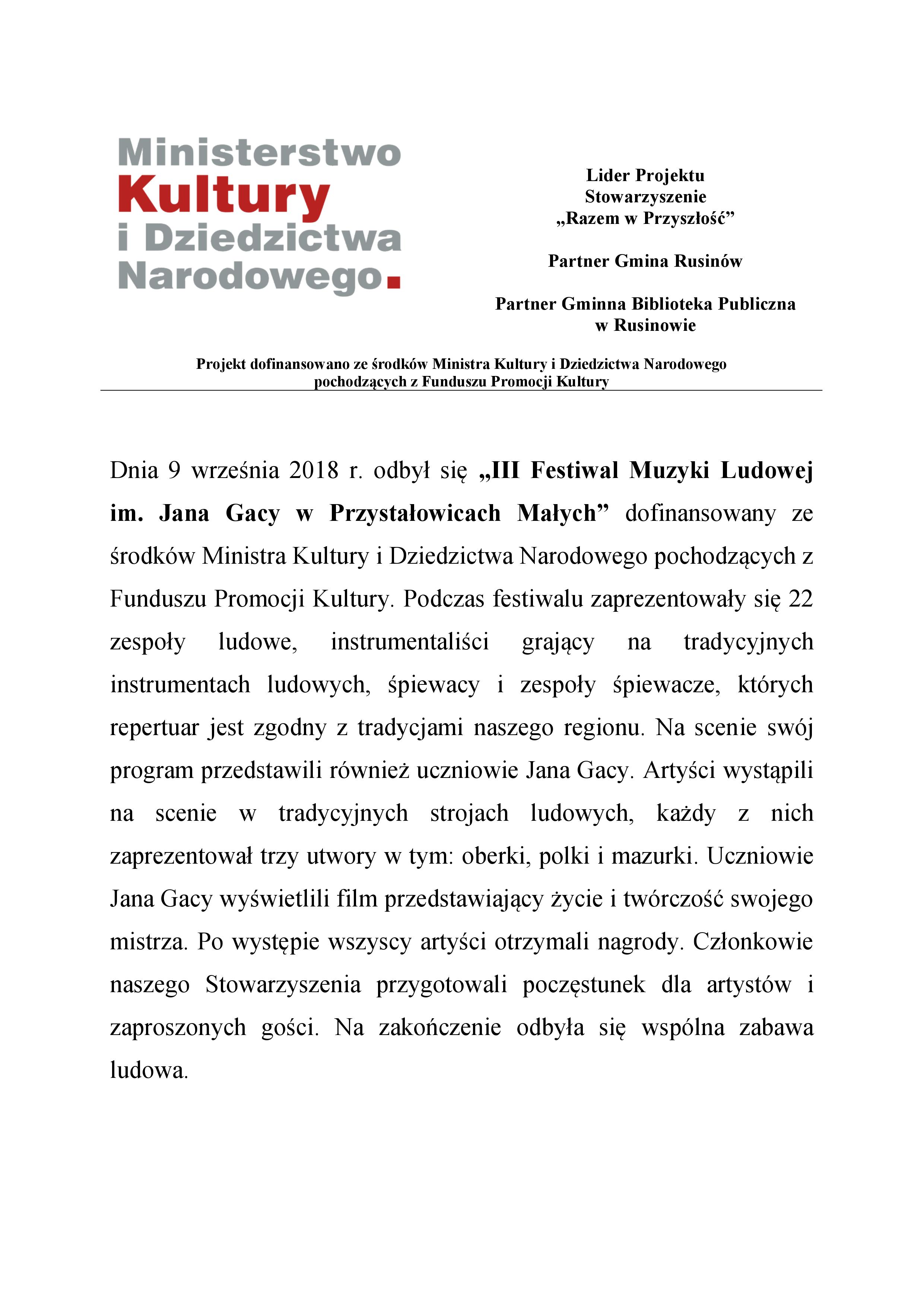 III Festiwal Muzyki Ludowej im. Jana Gacy w Przystałowicach Małych