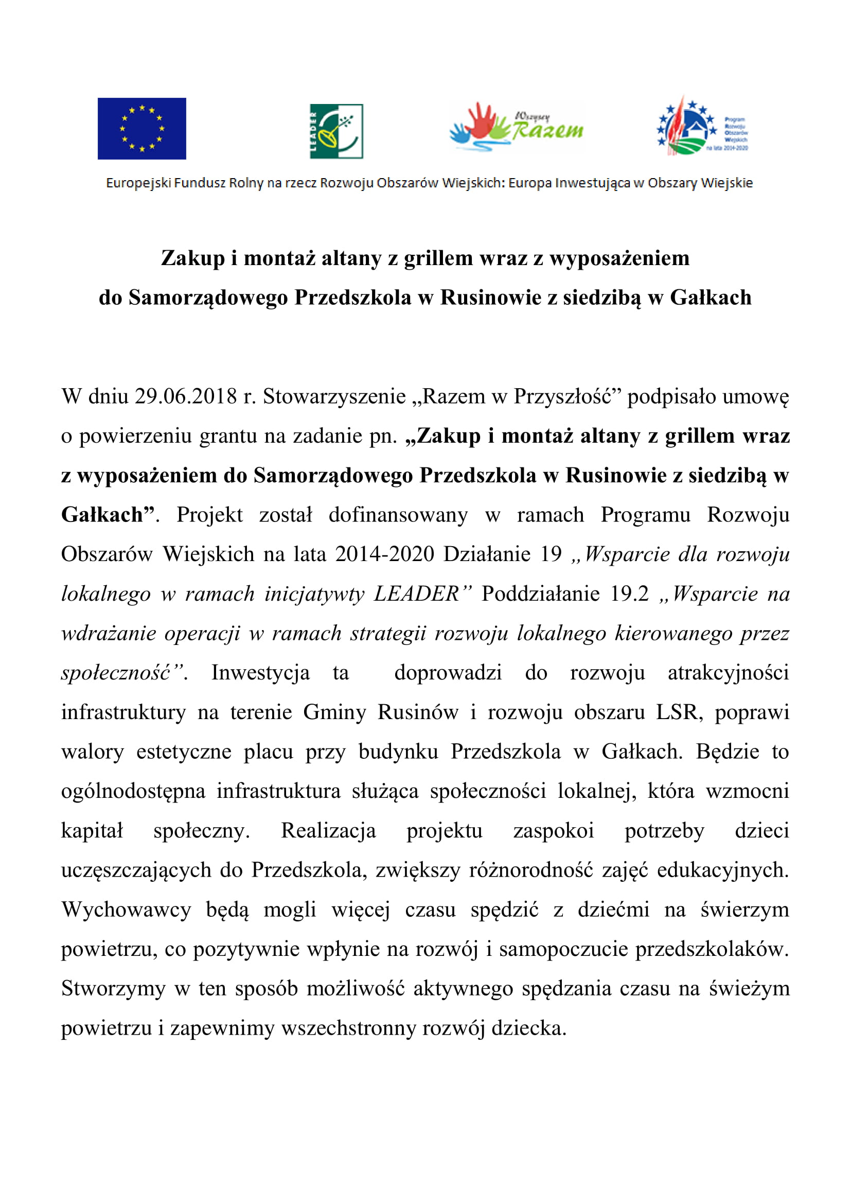 Nowa altana z grillem przy Samorządowym Przedszkolu w Rusinowie z siedzibą w Gałkach