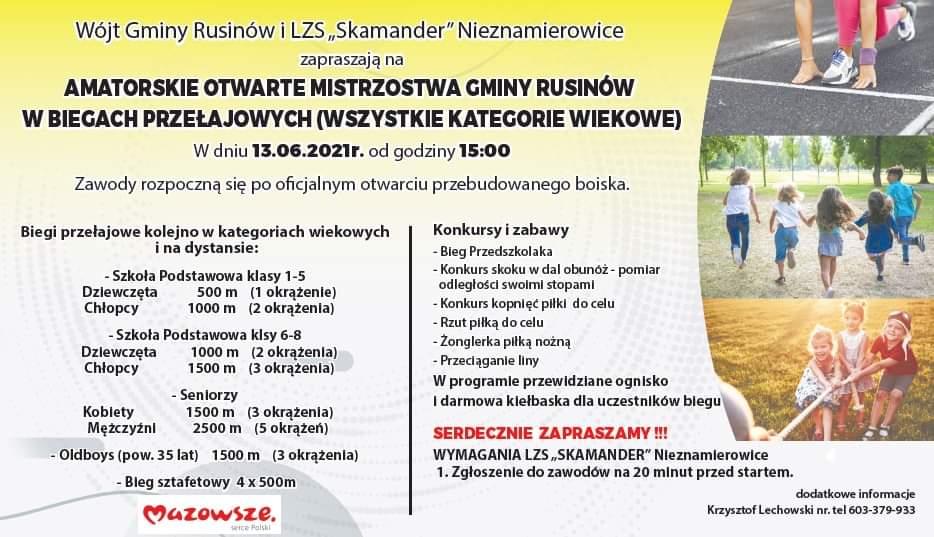 Wójt Gminy Rusinów i LZS „Skamander” Nieznamierowice zapraszają na AMATORSKIE OTWARTE MISTRZOSTWA GMINY RUSINÓW W BIEGACH PRZEŁAJOWYCH