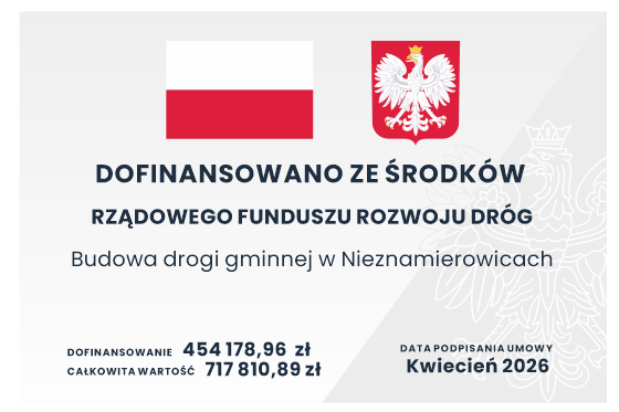 Dofinansowanie budowy drogi gminnej w Nieznamierowicach ze środków Rządowego Funduszu Rozwoju Dróg Grafika informuje o dofinansowaniu budowy drogi gminnej w Nieznamierowicach ze środków Rządowego Funduszu Rozwoju Dróg. Dofinansowanie wynosi 454 178,96 zł, a całkowita wartość to 717 810,89 zł. Umowa podpisana została w kwietniu 2026 r.